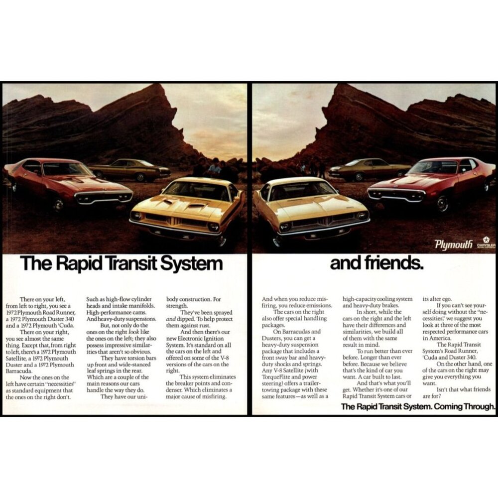 1972 Plymouth Rapid Transit System 2 Page Vintage Print Ad Roadrunner Wall Art